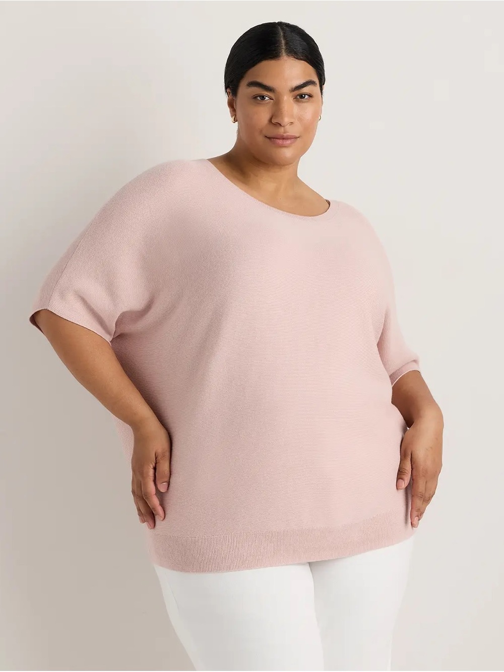 Quince Lightweight Cotton Cashmere Link-Stitch Dolman Sweater Sugar Stone 1X